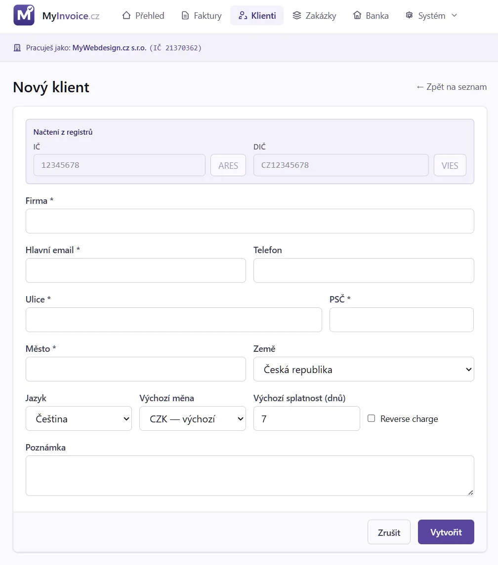 Nový klient — ARES lookup