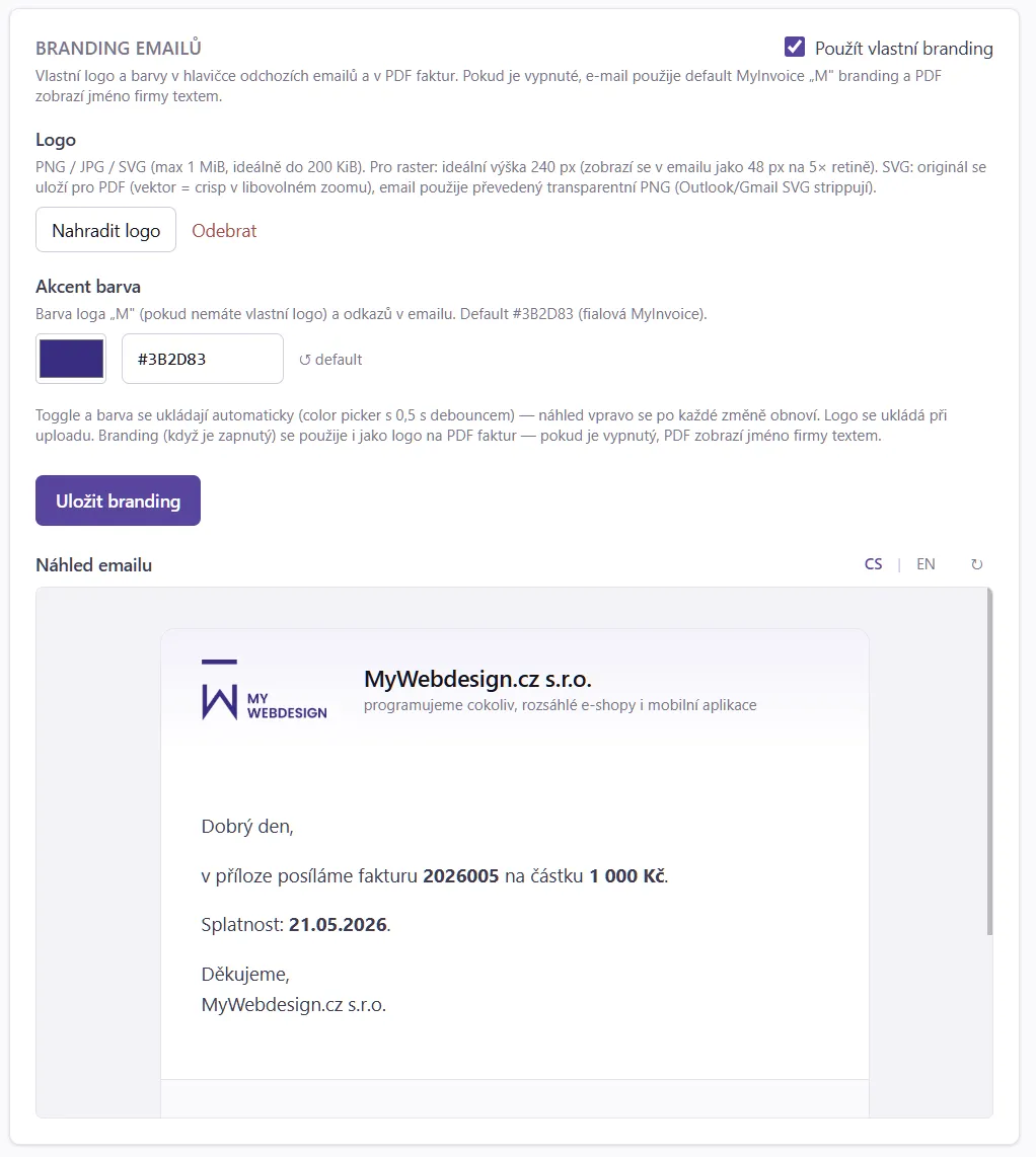Branding emailů — toggle, logo, akcent barva, live preview