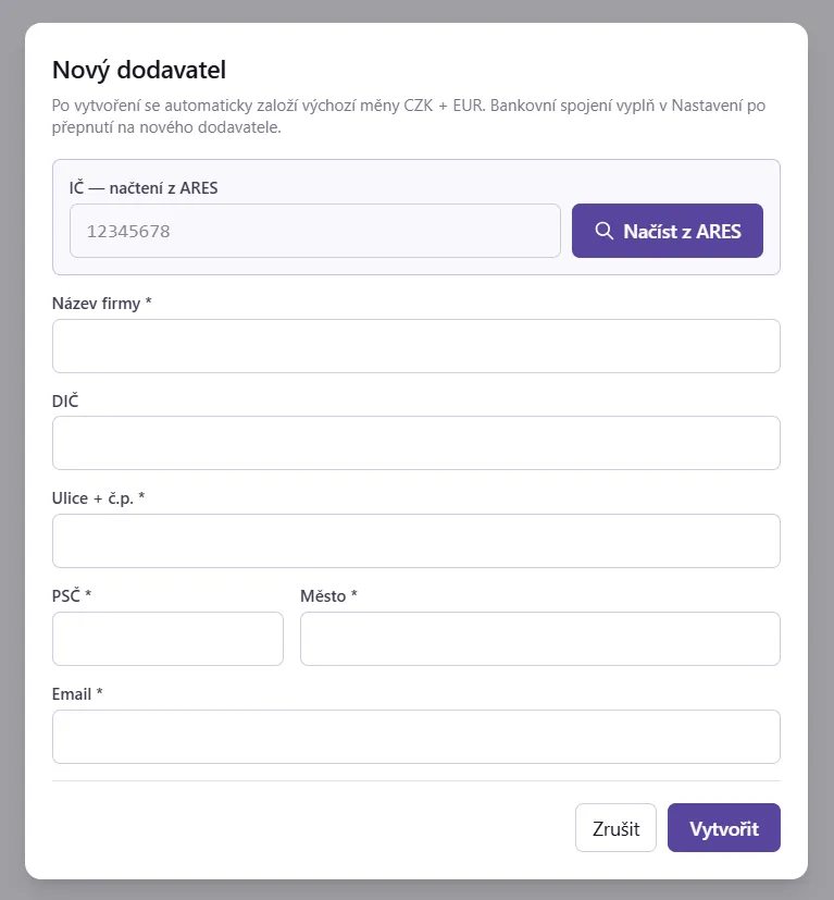 Nový dodavatel — ARES