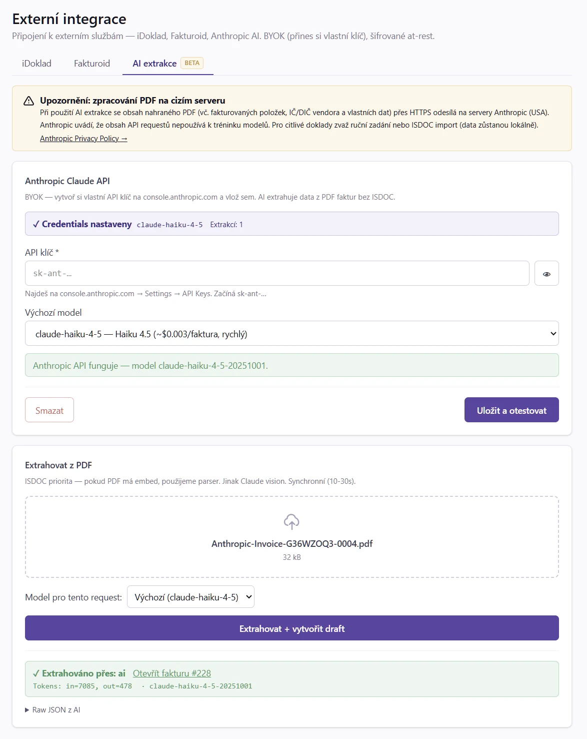 AI extrakce přijaté faktury z PDF